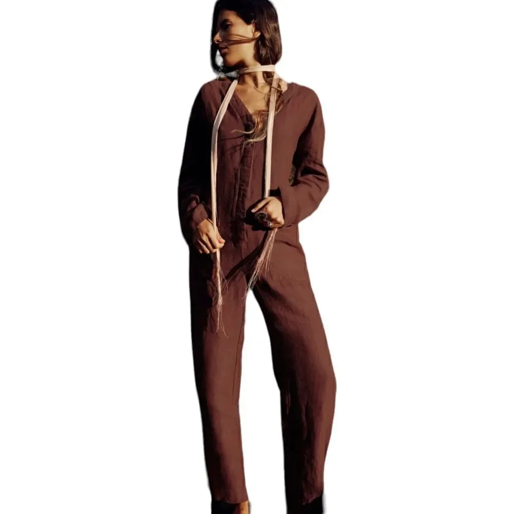 Zara Brown Full Length Linen Jumpsuit Size S NWT V-Neck Long Sleeve Romper